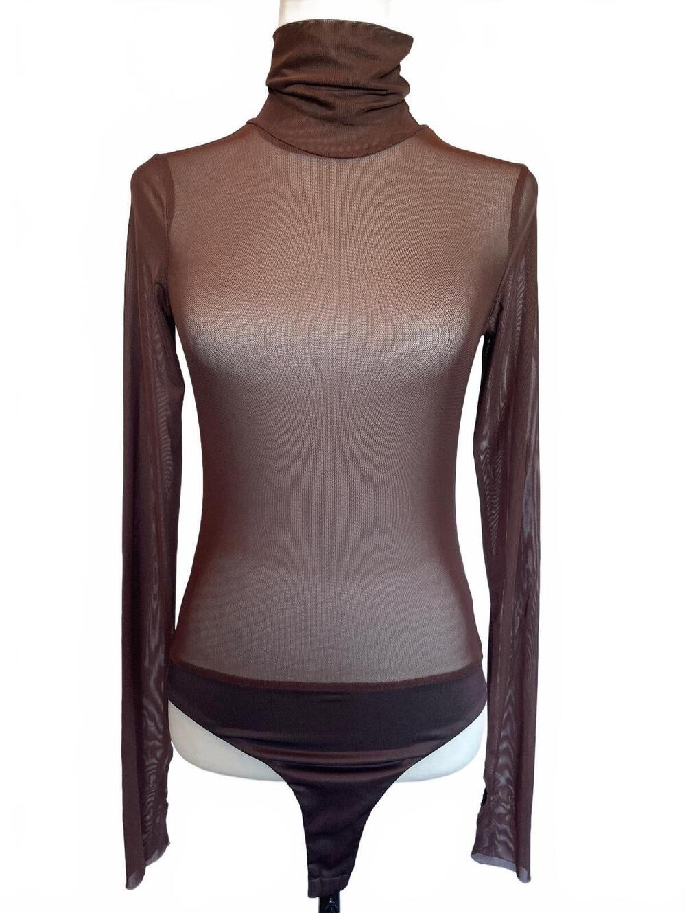 AFRM Milo M Brown Sheer Mesh Bodysuit 90s Minimalist Romantic Goth Dark Feminine